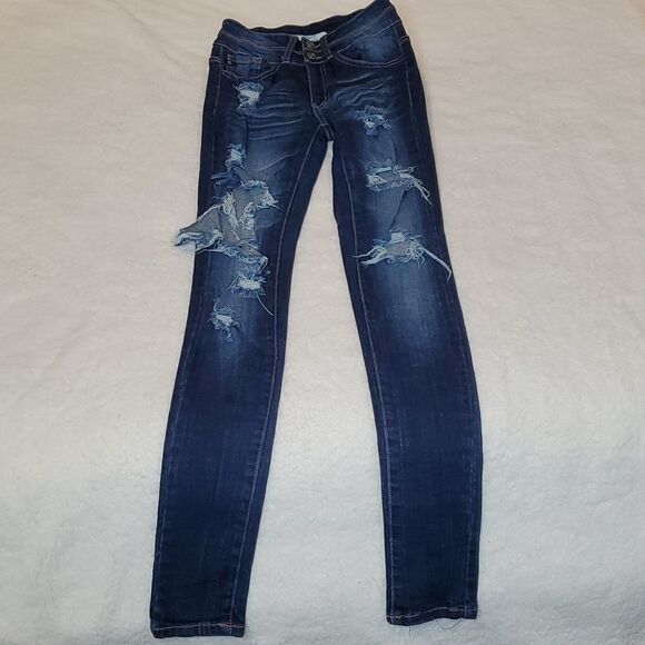 KANCAN Destroyed Thrashed Stretch Straight Leg Skinny Jeans, Sz 24 - Picture 1 of 9